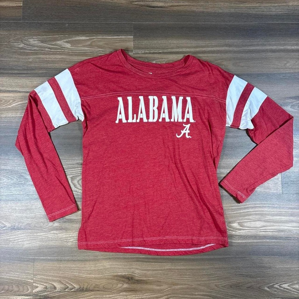 Red long sleeve shirt with white stripes on sleeves and white 'ALABAMA'